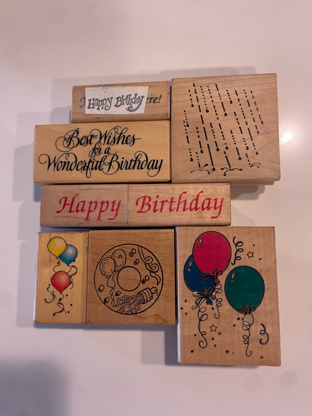 Wood Rubber Stamps Happy Birthday Lot of 7 Crafts Scrapbook Gift Tags USED